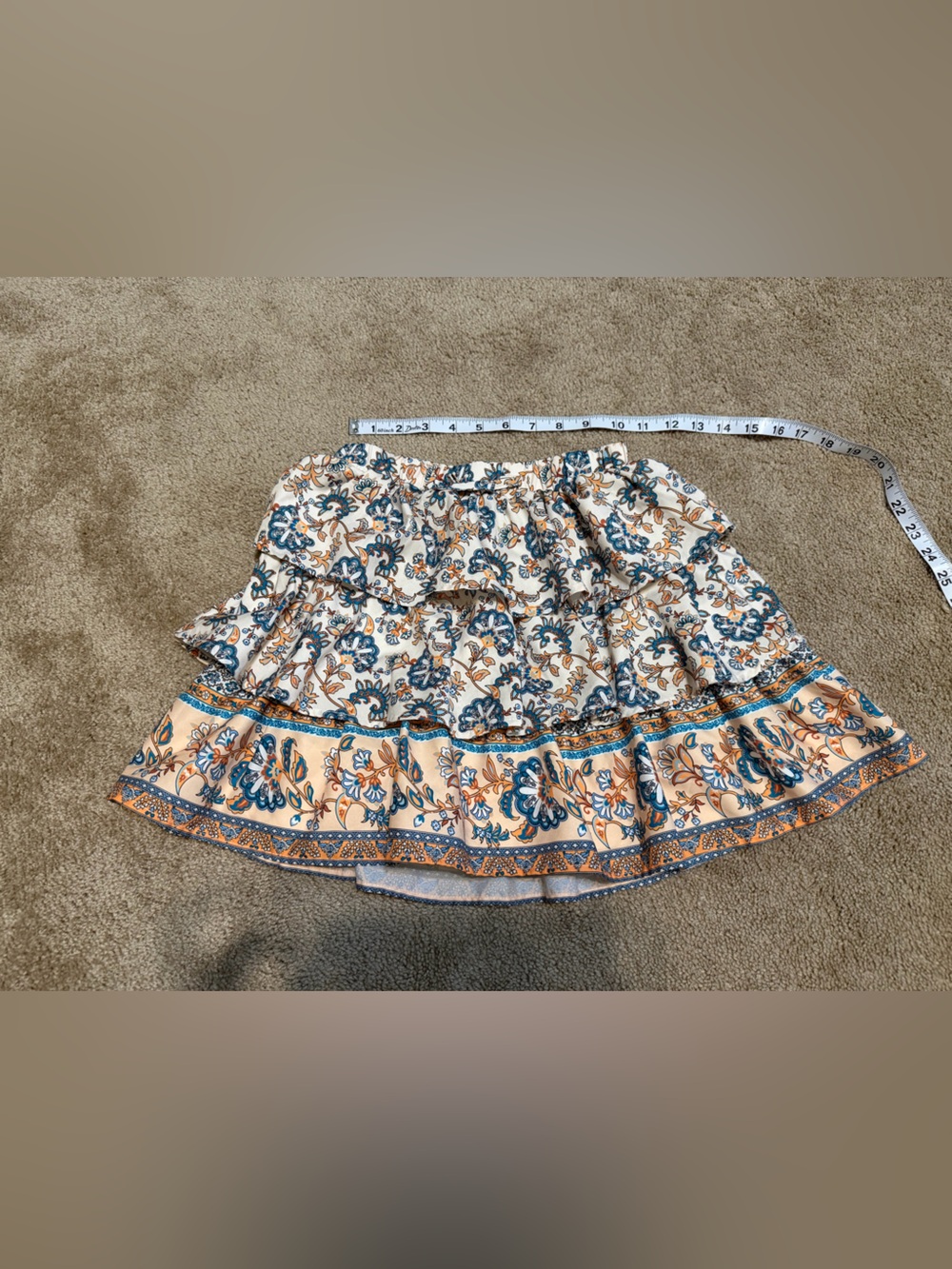 SHEIN Floral Tiered Ruffle Mini Skirt in Cream, Blue, and Tan